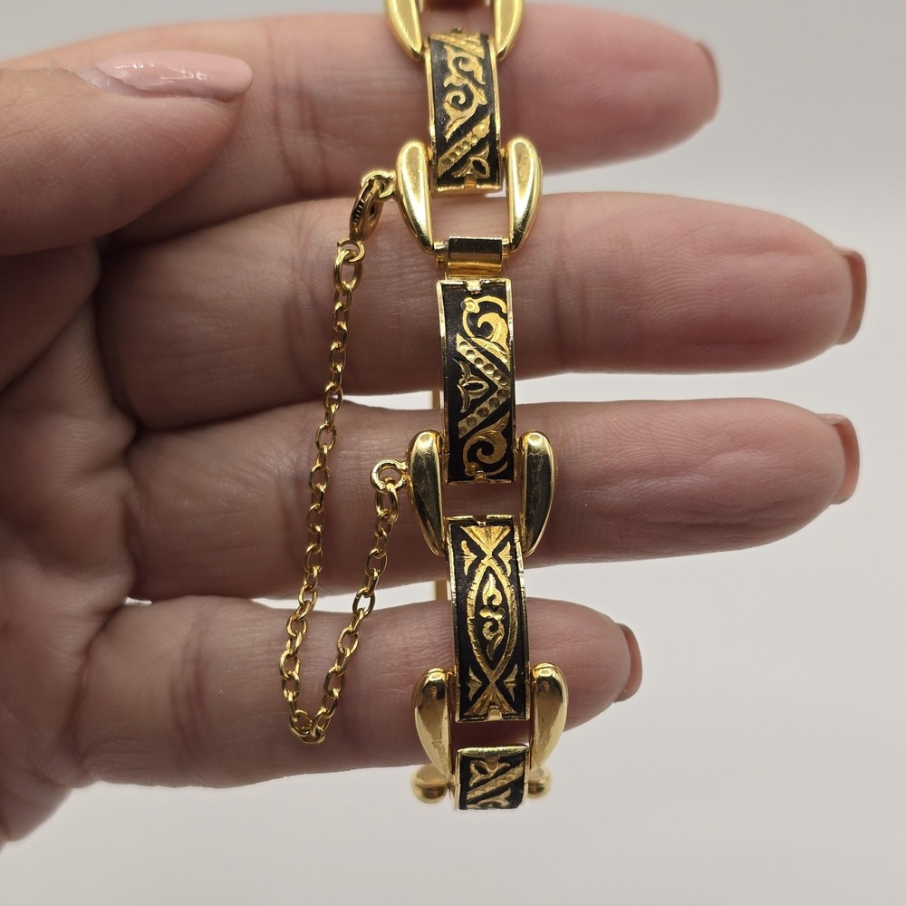 Vintage Spanish Damascene Link Bracelet - Black & Gold with Safety Chain - Picture 9 of 12